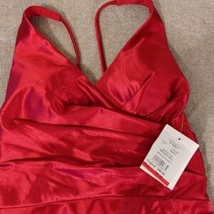 David's Bridal Red Satin Dress Size 2 V-Neck,Ruched Bodice,Lace Up Back, w-Tags